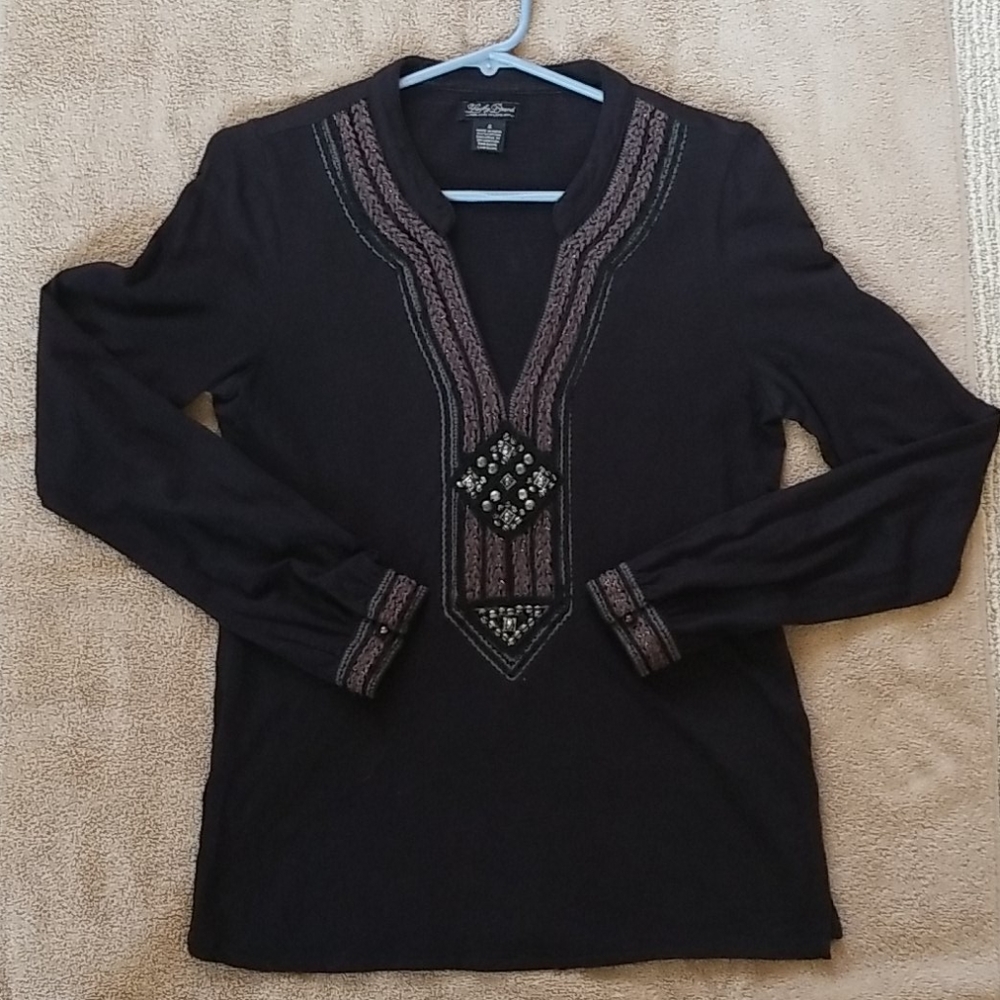 Lucky Brand Black Beaded L/S Boho Top